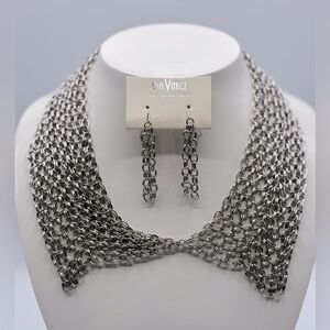 Silver‎ Tone Chain Mail Collar Metal Necklace Set with Earrings Fashion Jewelry